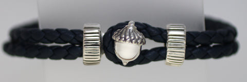 Silver Acorn Braided Blue Leather Bracelet