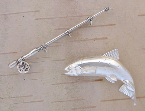 Trout + Flyrod Pins - Sterling Silver