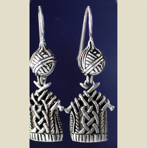 Knitting Earrings with Ball of Yarn - Sterling Silver