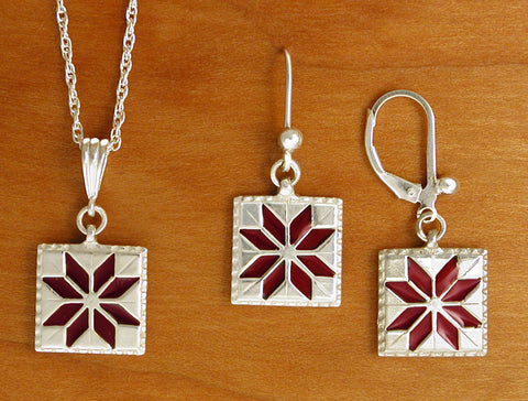 Lemoyne Star Quilt Jewelry - enameled sterling silver