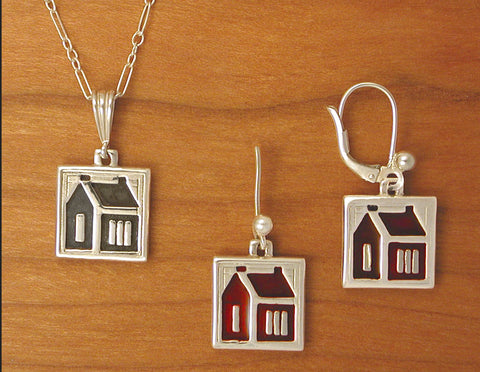 School House Quilt Jewelry - enameled sterling silver