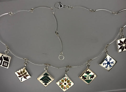 Enameled Quilt Necklace ~ 16"-18" Sterling Curved Bar Link Chain