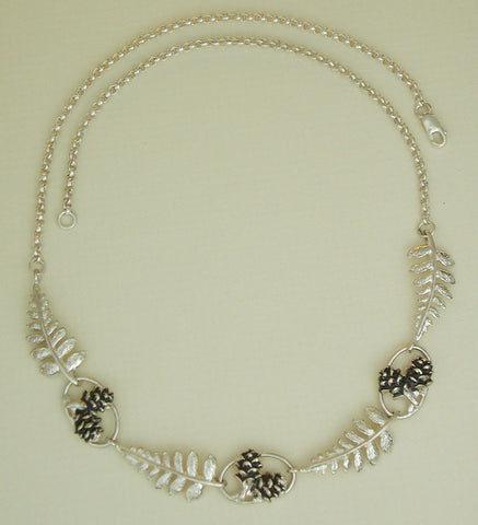 Fern & Pine Cone Necklace - shortened version 7 castings - Sterling Silver