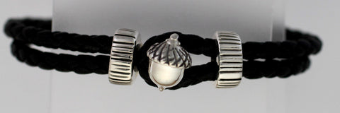 Silver Acorn Black Leather Bracelet