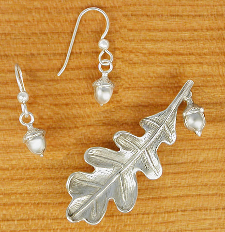 Lg Oak Leaf Pin + Acorn Earrings - sterling silver