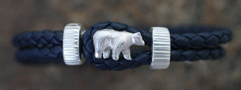 Sterling Silver Bear with Braided Leather Bracelet