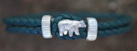 Sterling Silver Bear with Green Leather Bracelet