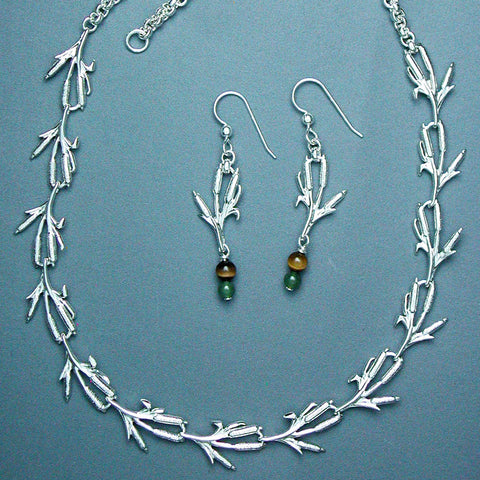 Cattail Earrings, Necklace - sterling silver
