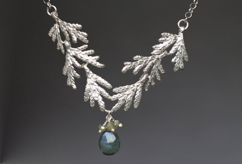 Silver Cedar Bough Necklace Aquamarine  + Green Garnet