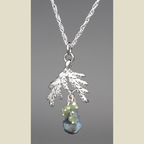 Sterling Silver Cedar Necklace with Moss Aquamarine Gemstones