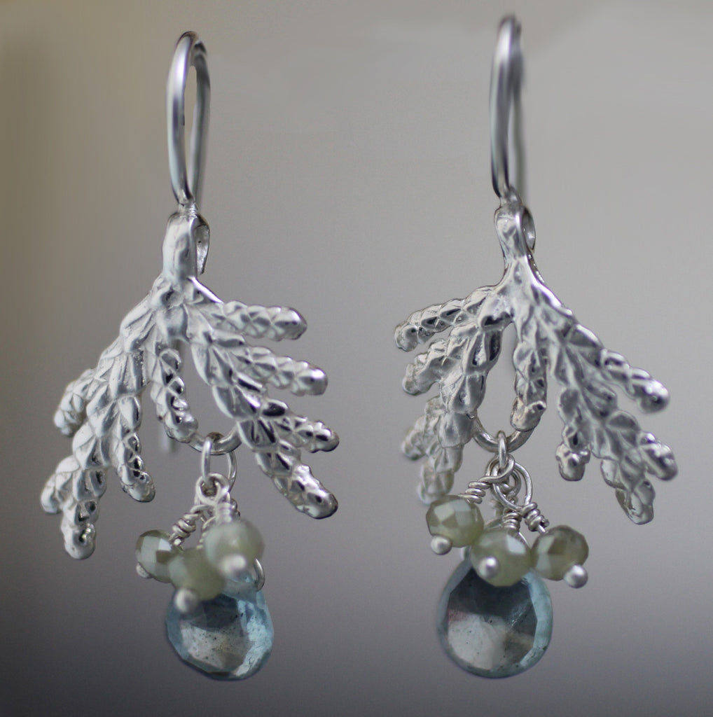 Sterling Silver Cedar Earrings with Moss Aquamarine Gemstones