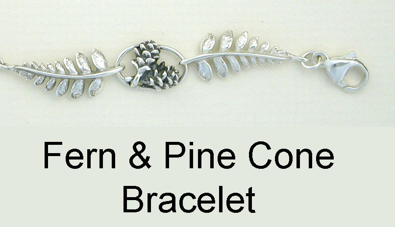 Sterling Silver Fern and Pine Cone Bracelet close up view