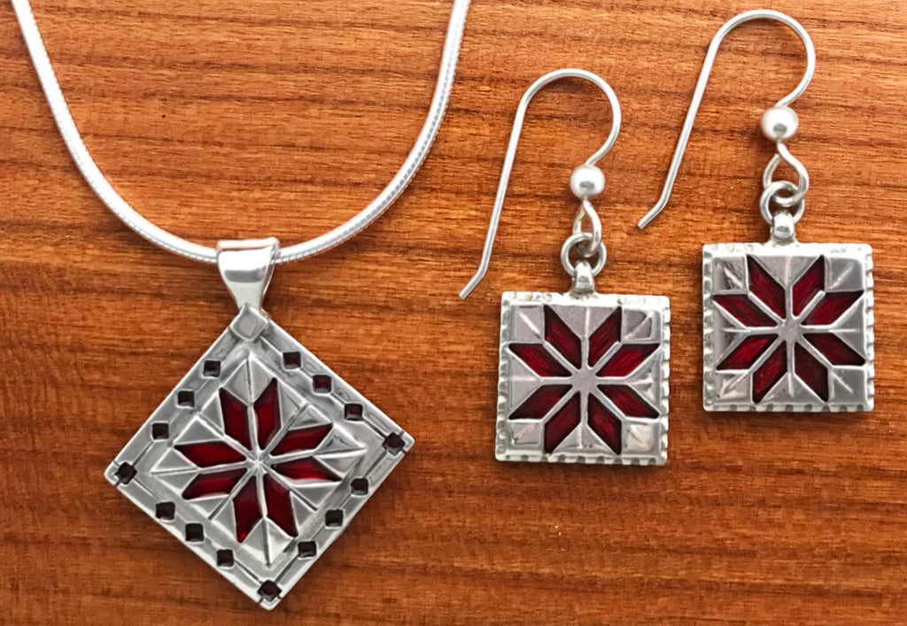 Eight Pointed Star Quilt Jewelry - enameled sterling silver