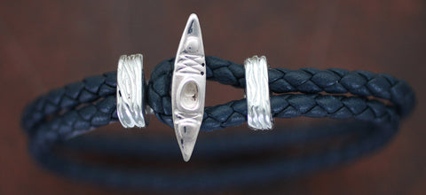 Sterling Silver Kayak on Black Braided Leather Bracelet