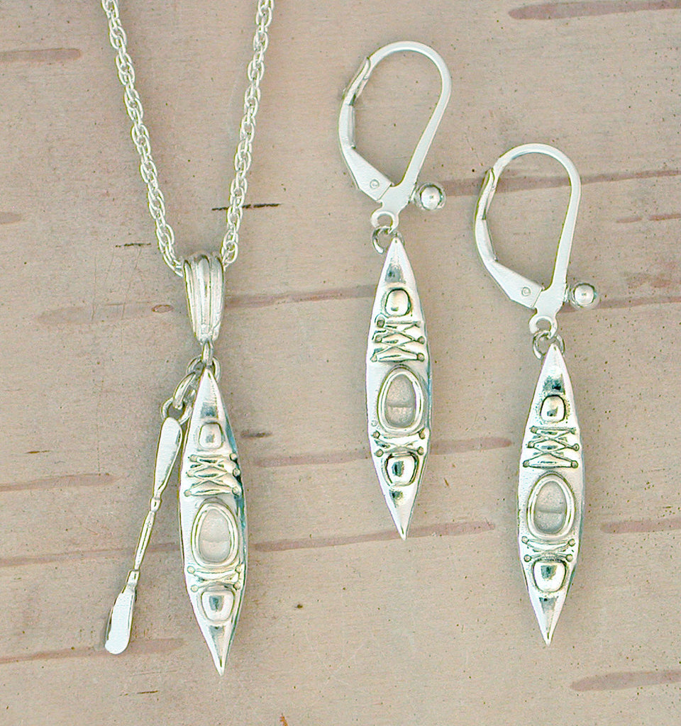 Kayak Earrings Necklace Sterling Silver Kayaker Gift Spruce Mountain Designs