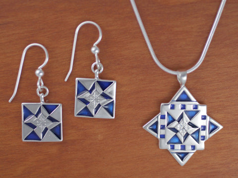 Lg North Star Quilt Necklace - enameled sterling silver