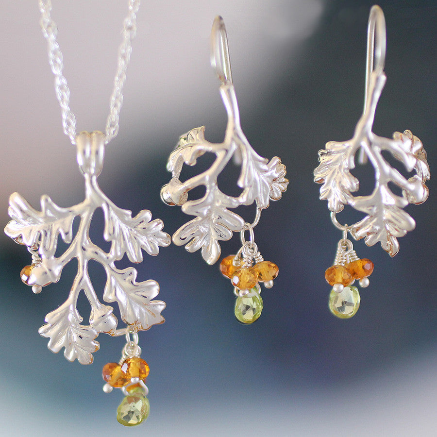 silver acorn jewelry - citrine + peridot gemstones