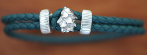 Sterling Silver Pine Cone with Green Braided Leather Bracelet