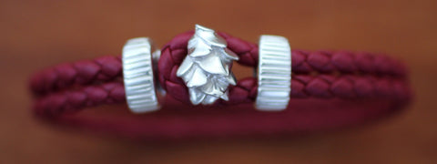 Sterling Silver Pine Cone with Red Braided Leather Bracelet