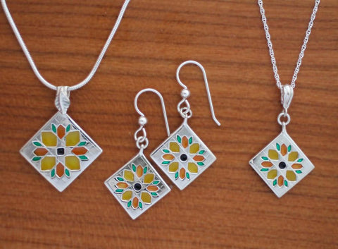 enameled sterling Sunflower Quilt Block Jewelry