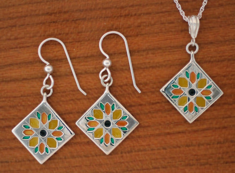 Sunflower Quilt Jewelry - enameled sterling silver